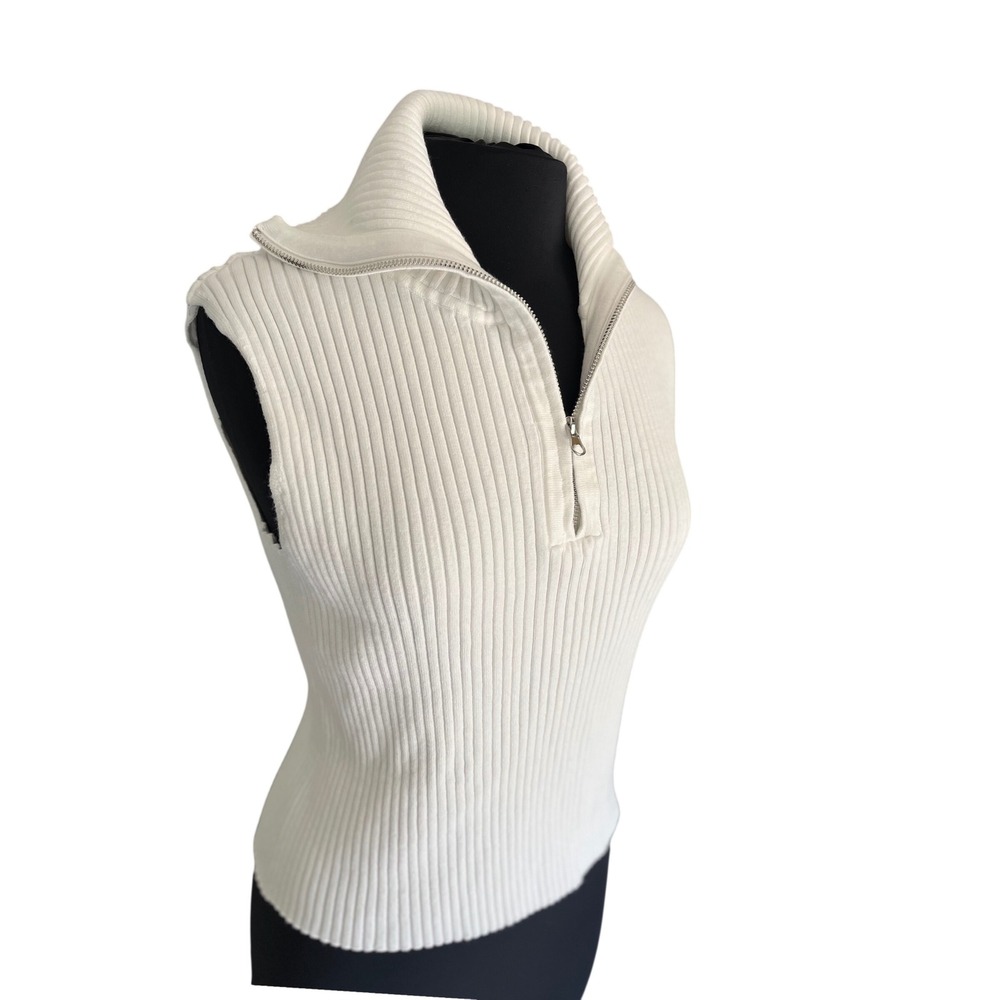 Jason Wu Womens White Ribbed Quarter Zip Sleeveless Knit Top Small